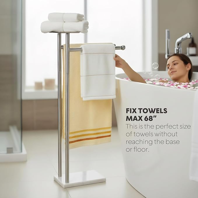 Songtec Towel Rack Stand for Bathroom, 2-Tier Freestanding Towel Holder for Bath Towels, Practical Shelf on Top, Heavy Duty Bathroom Accessories, No Drilling Required