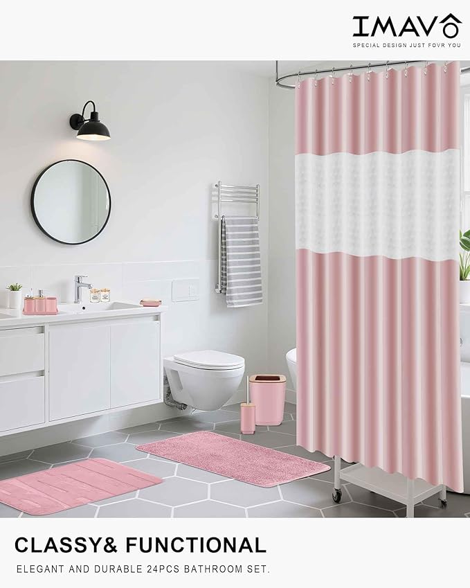 IMAVO Bathroom Accessories Set, Non-Slip Absorbent Green Bathroom Rugs and Waterproof Shower Curtain with Hooks,Complete Bathroom Set for Bathroom Décor