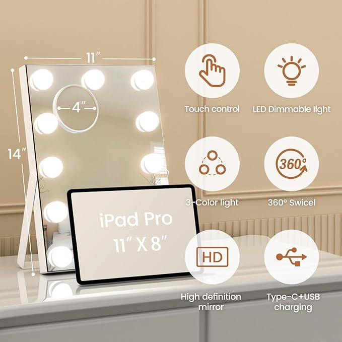 Hollywood Vanity Mirror, 11"x 14" Hollywood Lighted Makeup Mirror with Detachable 10X Magnification & 11Dimmable 3 Colors Modes LED Bulbs, Touch Control,Type-C Charging Port, White