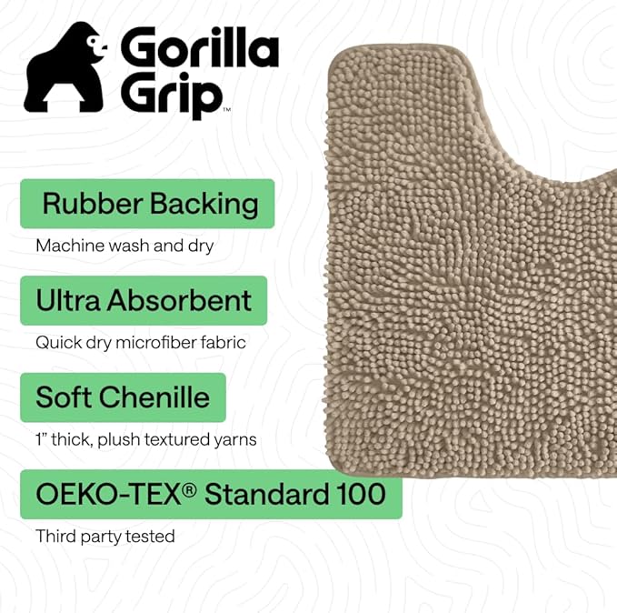 GORILLA GRIP Plush Absorbent Shaggy Chenille Bath Rug Mat for Oval Toilet Base with Rubber Backing, Machine Washable Rugs, Soft Microfiber Contour Mats for Toilets, Bathroom Decor, Gray Beige
