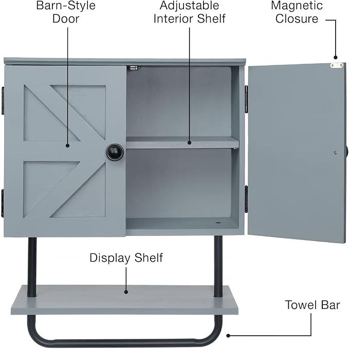 EXCELLO GLOBAL PRODUCTS 17x21” Barndoor Bathroom Wall Cabinet, Space Saver Storage Cabinet Kitchen Medicine Cabinet with Adjustable Shelf and Towel Bar, Rustic Gray
