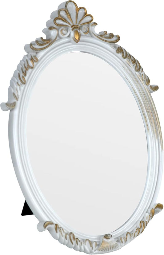 Decorative Vintage Oval Makeup Mirror with Plastic Frame,Tabletop Mirror-White 7.5 x 11 inches