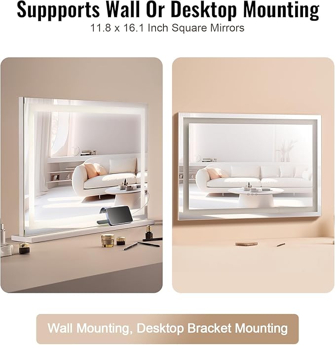 VEVOR Lighted Makeup Mirror, Three Color Lighting Modes Hollywood Vanity Mirror, Makeup LED Mirror w/Lights,5X Magnification,USB Port,Smart Touch Control,Desktop Wall-Mounted (31.5x21.7 in, White)