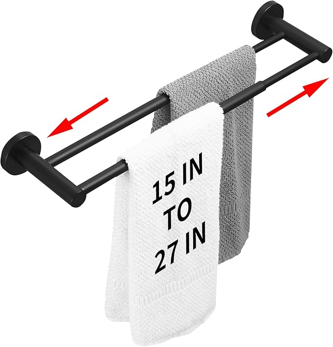RUMOSE Adjustable Double Bath Towel Bar 15 to 27 Inch Matte Black Retractable Tower Holder Hanger Stainless Steel Expandable Dual Bathroom Tower Racks Bathroom Accessories, Wall Mounted