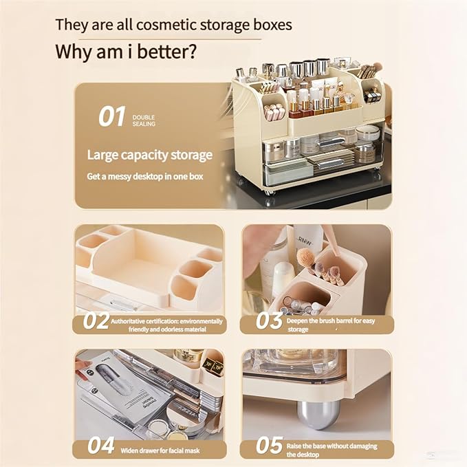 Makeup Organizer with Drawers for Vanity,Bathroom Countertop Organizer with Brushes Holder,Skincare Storage Organizer for Lipsticks,Nail Polishes, Perfumes,Eyeshadow Palettes (Cream)
