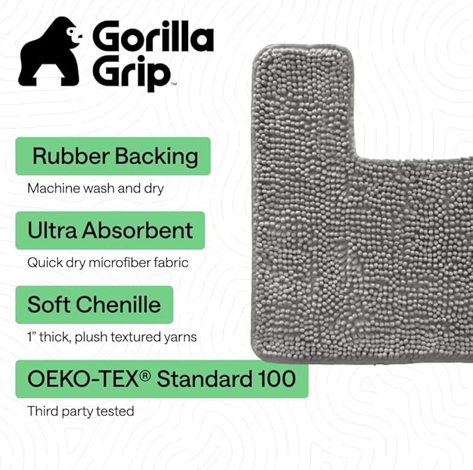 GORILLA GRIP Plush Absorbent Shaggy Chenille Bath Rug Mat for Square Toilet Base with Rubber Backing, Machine Washable Rugs, Soft Microfiber Contour Mats for Toilets, Bathroom Decor, Grey