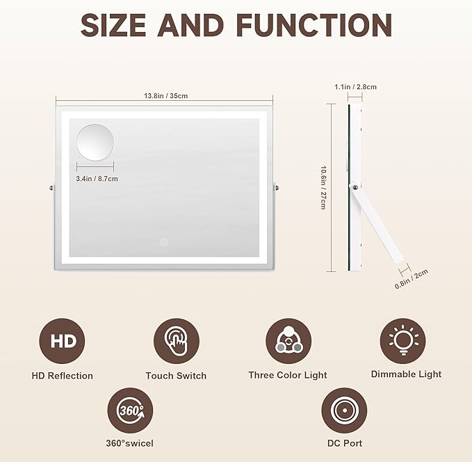 MINISO Vanity Mirror with Lights, 13.8" x 10.6" LED Makeu Mirror, Light & Brightness Adjustment, Smart Sensor, Aluminum Alloy Metal White Frame, with 5X Magnifying Glass