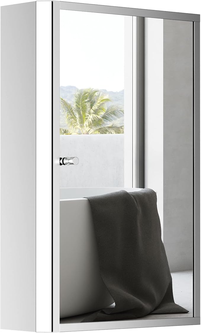 HOMCOM Bathroom Mirrored Cabinet, Vertical 16" x 24" Stainless Steel Frame Medicine Cabinet, Wall-Mounted Storage Organizer with Single Door