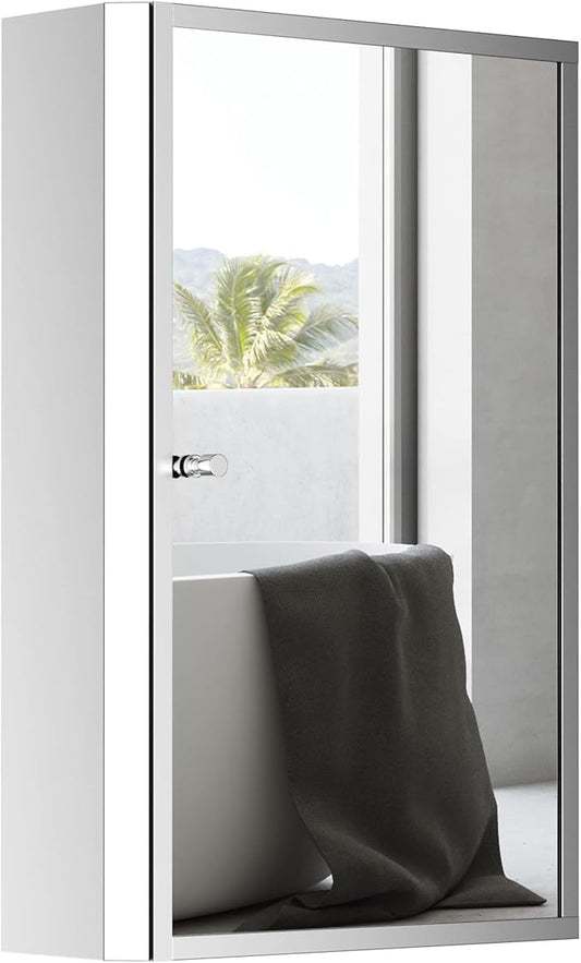 HOMCOM Bathroom Mirrored Cabinet, Vertical 16" x 24" Stainless Steel Frame Medicine Cabinet, Wall-Mounted Storage Organizer with Single Door
