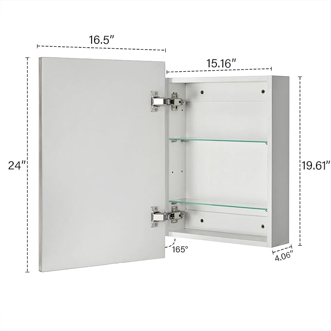 TEHOME 16.5'' x 24'' Brushed Nickel Recessed and Surface Mount Bathroom Medicine Cabinet with Mirror Square Cornered Metal Framed Rounded Rectangle Medicine Cabinet Mirror