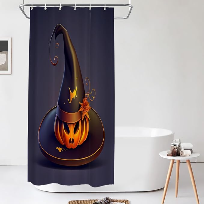 Shrahala Happy Halloween Funny Decorative Shower Curtain, Witch Hat Pumpkin Horror Purple Background Bathroom Décor Polyester Fiber Waterproof with Plastic Rings for Shower Stall Bathtubs 72 x 36 in