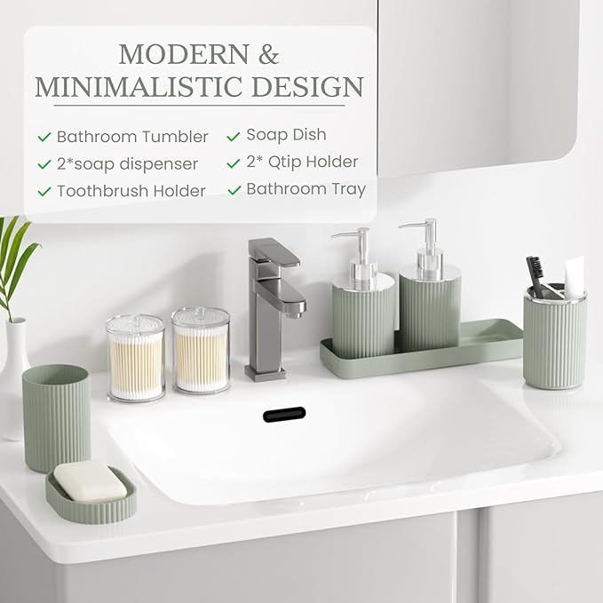 Sage Green Bathroom Accessories Set, 10PC Bathroom Set, Bath Accessory with Pop Up Trash Can, Soap Dispenser, Toilet Brush, Toothbrush Set Qtip Holders & Tray