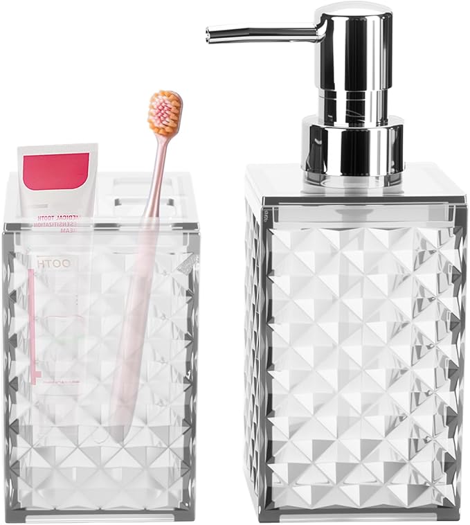 Bathroom Accessories Set 2 PCS, White Bathroom Accessories Include Soap Dispenser and Toothbrush Holder, Diamond Pattern Bathroom Set for Boho Bathroom Decor