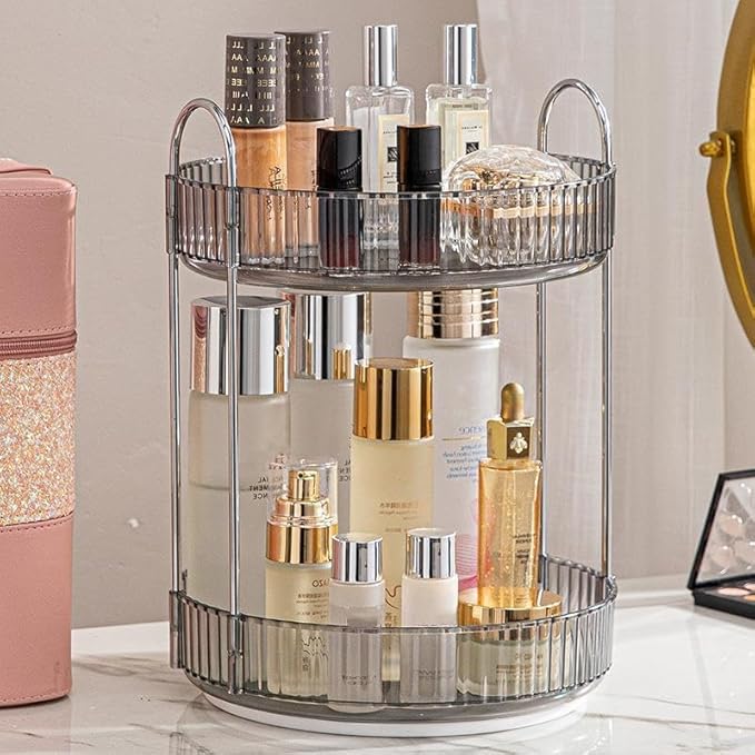 Makeup Organizer for Vanity, 360° Rotating Bathroom Organizer Countertop, High-Capacity Skincare Organizer, Spinning Cosmetics Organizer for Dresser Countertop (2 Tiers, Grey)