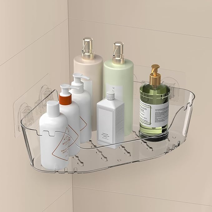 Acrylic Corner Shower Caddy, Strong Adhesive Shower Organizer Clear Wall Mounted Bathroom Shelf No Drilling Basket Rack for Bathroom Kitchen Dorm Toilet