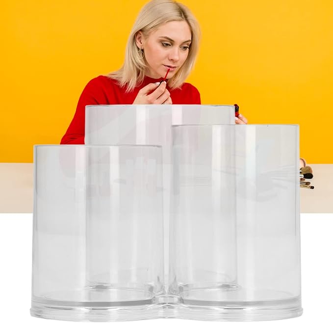 Clear Round Plastic Makeup Container,Makeup Brush Holders,Acrylic Cosmetic Storage Organizer with Compartments, Pencil Cup Stationery Organizer for Eyeliner Pencil and Beauty Tools,3 Connected Towers