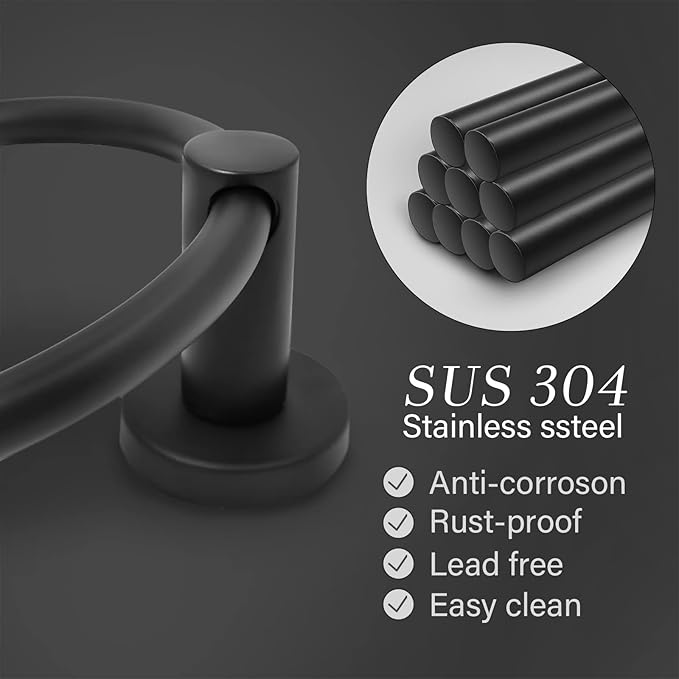 Black Towel Ring???Hand Towel Holder for Bathroom Wall Mounted???Bathroom Towel Holder,Bathroom Towel-Racks,Bathroom Hardware Simple Round Towel Hanger Stainless Steel (Black - 2 Pack)