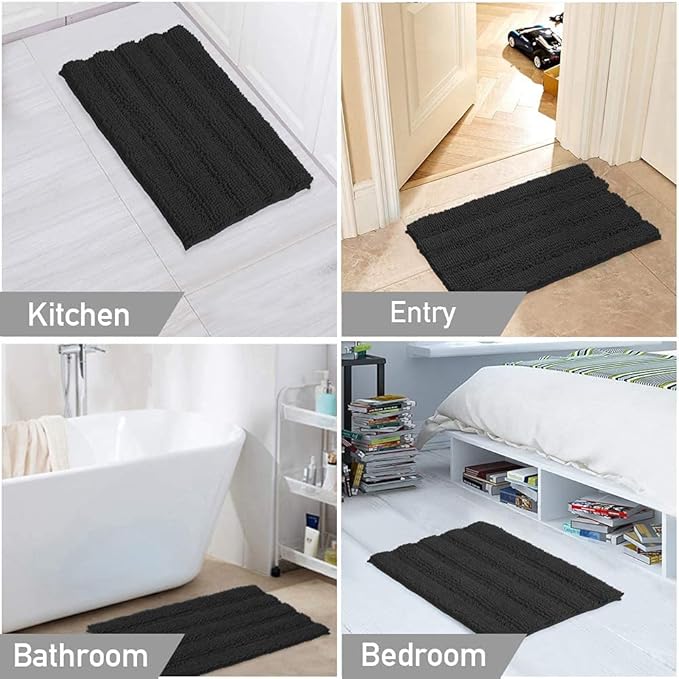 Turquoize Chenille 24"x 36" Extra Soft, Absorbent Shaggy Bath Rugs, Black - Non Slip for Bath or Kitchen