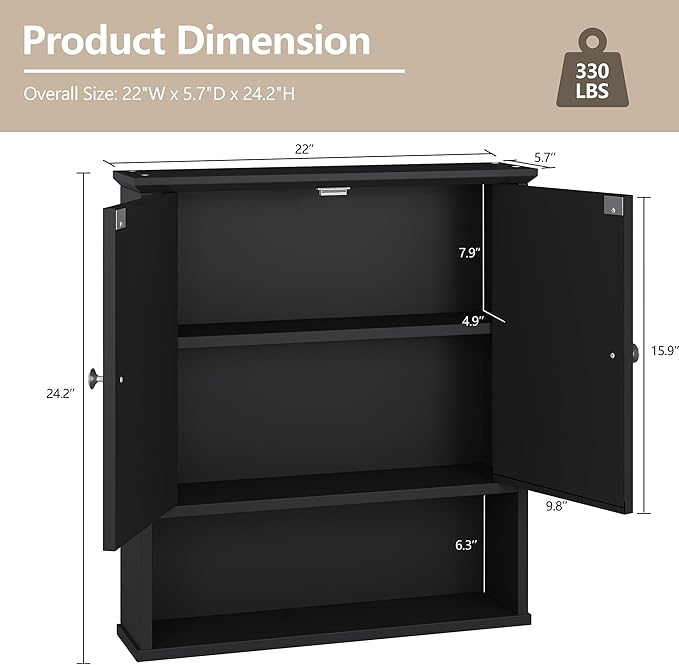 Meilocar Bathroom Wall Cabinet with Mirror, Bathroom Mirror Cabinet Wall Mounted, Over Toilet Medicine Cabinets with Adjustable Shelf, Large Capacity, Black