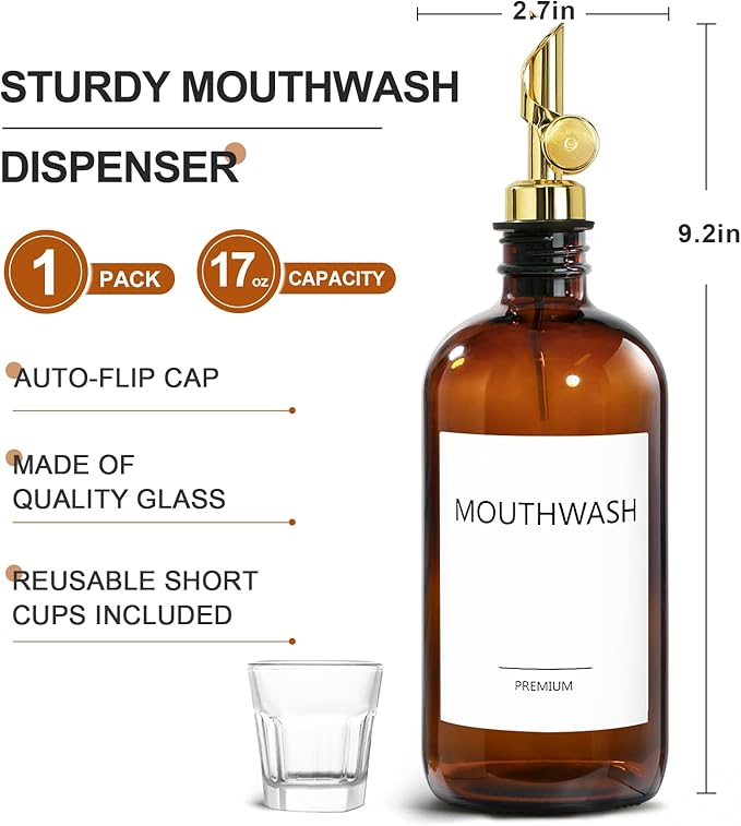 Mouthwash Dispenser for Bathroom, Glass Mouthwash Dispenser with Cup, Mouth Wash Container Bottle with Cup, Refillable Mouthwash Decanter, Amber, 1 Pack, 17oz