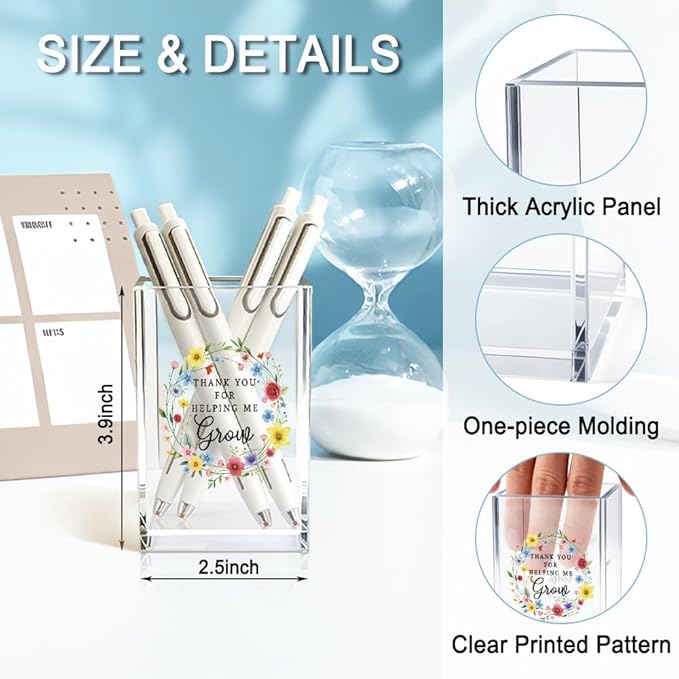 Thank You For Helping Me Grow Acrylic Cosmetic Pencil Holder Cup, Floral Pen Holder Thank You Birthday Gifts for Women, Appreciation Group Gifts for Teacher Mom Mentors Coworkers Boss Manager