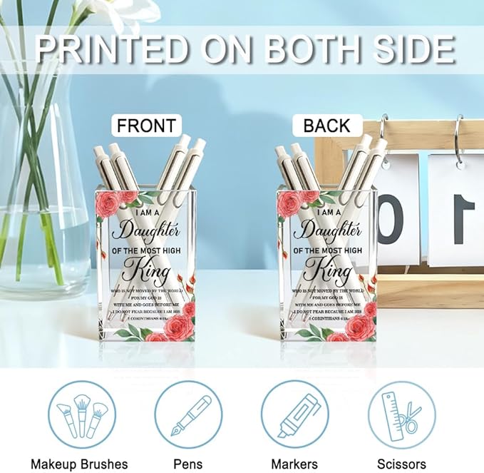 I Am A Daughter of The Most High King Acrylic Pencil Holder Cup, Bible Verse Inspirational Pen Holder for Home Desk, 2 Corinthians 6:18 Christian Gifts for Women Girls, Makeup Brushes Organizer