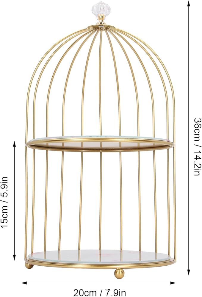 Double Layer Storage Shelf Bird Cage Organizer Display Rack for Bathroom Countertop Dressing Table Gold Frame (Pink Stone Pattern)