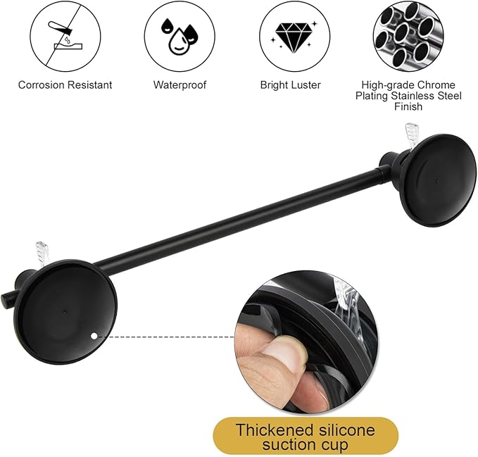 Suction Cup Towel Bar for Shower, 15.75''-25.6'' Adjustable Stainless Steel Towel Holder, Heavy Duty Suction Towel Rack with Powerful Vacuum Adsorption for Bathroom, Kitchen, RV, and Renters (Black)