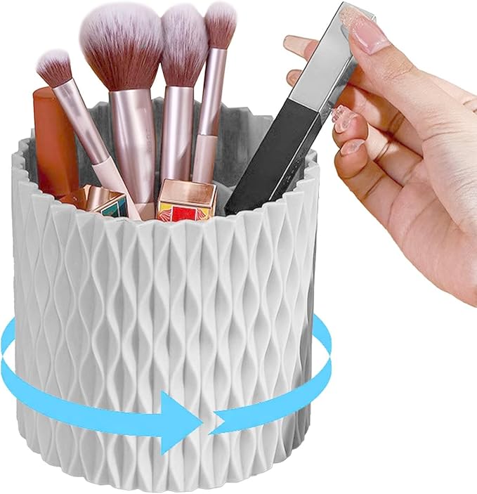 Makeup Brush Holder Organizer, 360?? Rotating Multi-Functional Pen Holder for Desk, 5 Slot Makeup Spinning Storage Rack for Bathroom Drawers,Vanities,Countertops,Office Desk(white)