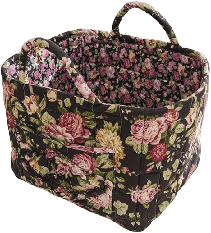 Quilted Fabric Storage Basket Boho Floral Laundry Hamper with Handle Foldable Floral Basket Organizer for Car Bedroom
