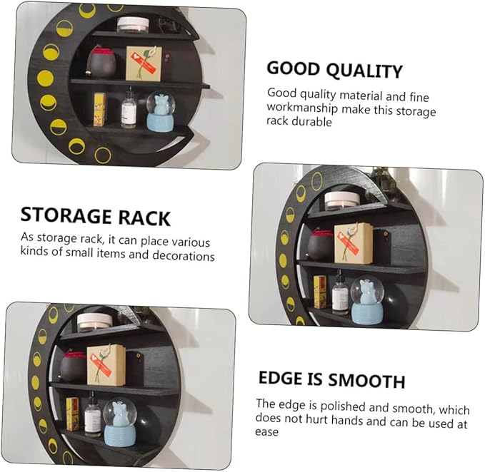 SHOWERORO Moon Shape Wall Storage Rack Black Wooden Sundries Shelf for Home Decor Easy to Install Multipurpose Display Organizer for Kitchen Bathroom