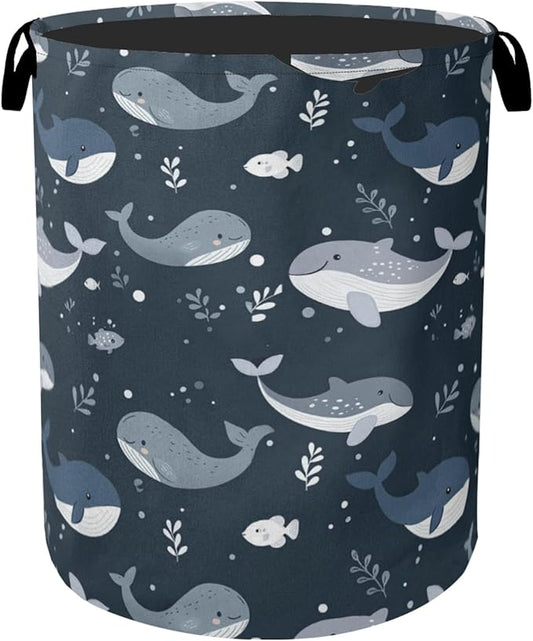 Cute Whale Marine Animals Foldable Canvas Laundry Basket with Handles - Toy Organizer, Heavy Duty for Home，Bedroom, Dorm, Bathroom