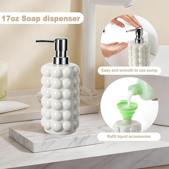 4 Piece Ceramic Bathroom Accessories Set –Soap Dispenser,Toothbrush Holder,Tumbler & Soap Dish,Includes Silicone Funnel,Non-Slip,Modern Farmhouse Countertop Organizer Set for Bathroom Decor, White