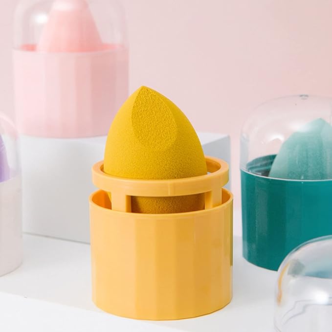 ZJchao Makeup Sponge Holder, Makeup Sponge Case, 3.1 x 2.3in Beauty Cosmetic Egg Organizer Case with Detachable Base and Clear Lid (Yellow)