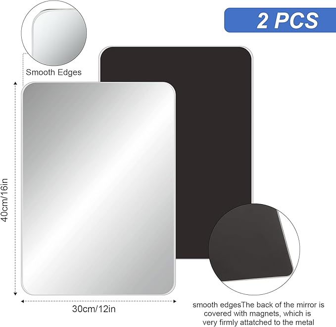 Blulu 2 Pcs Magnetic Locker Mirror Small Real Glass School Rectangular Locker Magnetic Makeup Mirror for Bathroom Household Refrigerator Cabinet(12 x 16 Inches)