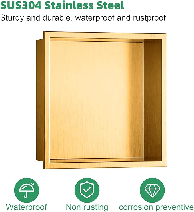 SaniteModar Shower Niche, Stainless Steel Shower Niche No Tile Needed, Recessed for Bathroom Storage (Brushed Gold, 12x12)