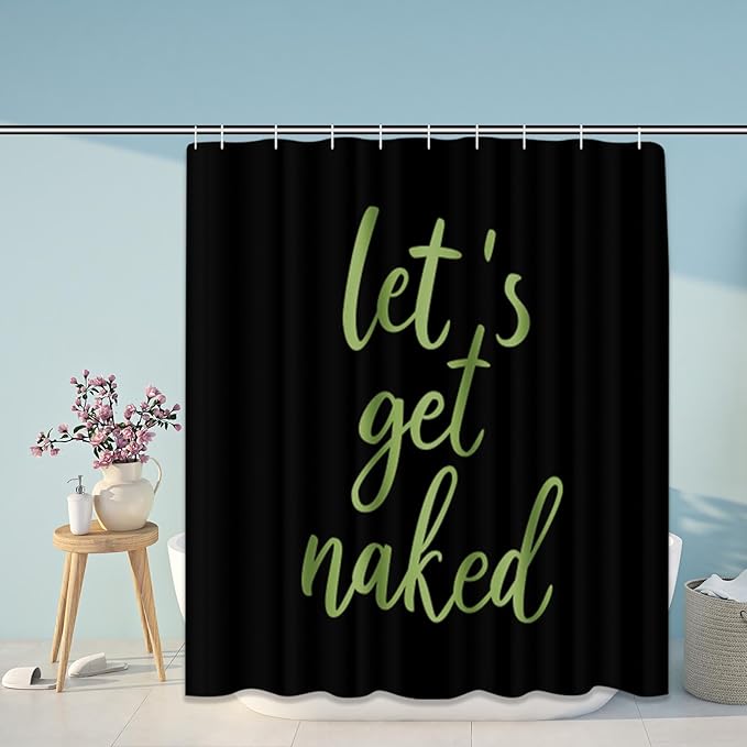ArtSocket 4PC Green Let's Get Naked Shower Curtain Sets Black Bathroom Decor with Rugs, Non-Slip Rug,Toilet Lid Cover, Bath Mat and 12 Hooks 72x72 inches