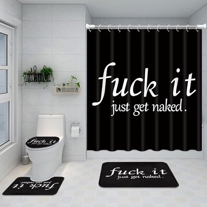 ArtSocket 4PC Funny Get Naked Shower Curtain Sets Bathroom Decor with Rugs, Non-Slip Rug,Toilet Lid Cover, Bath Mat and 12 Hooks 72x72 inches