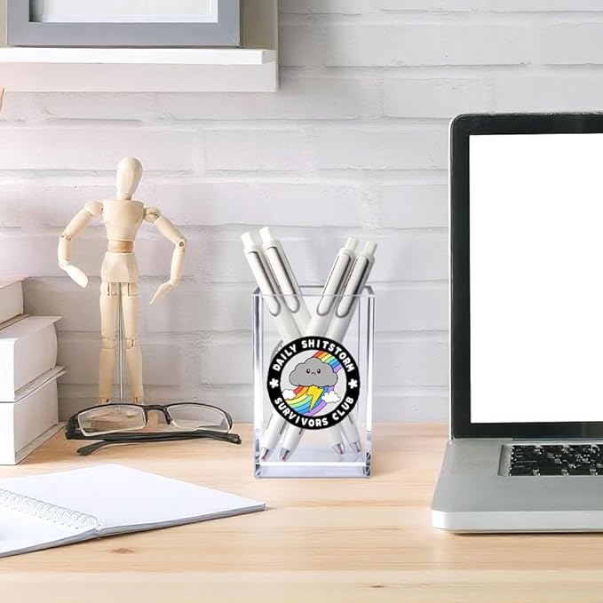 Daily Sh!tstorm Survivors Club Acrylic Cosmetic Pencil Pen Holder Cup, Funny Rainbow Storm Cloud Desk Organizer Accessory for Home Office Decor, Humor Sarcastic Work Gifts for Women Men Coworker