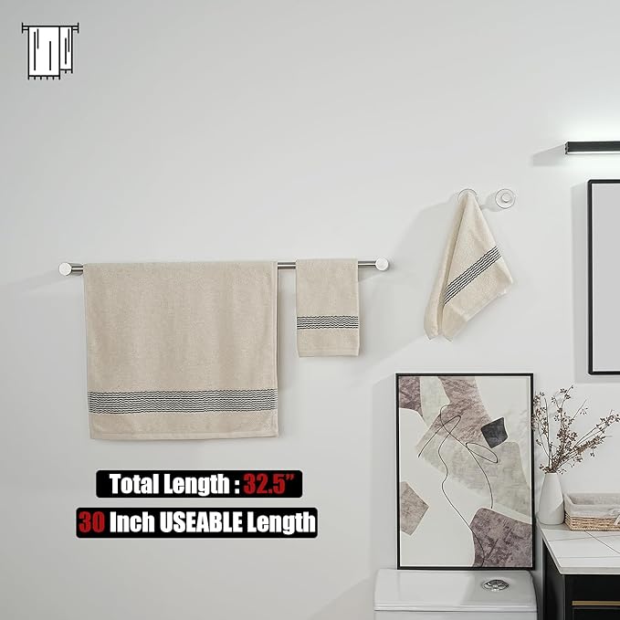 JQK Bath Towel Bar Brushed, 32.5 Inch 304 Stainless Steel Thicken 0.8mm 2 Pieces Towel Rack Bathroom Wall Mount, Useable Length 30 Inch, TB610L30-BN