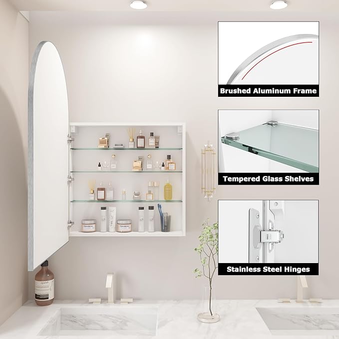 FKWin Bathroom Medicine Cabinet with Mirror for Left or Right Opening, Surface Mount Medicine Cabinets for Bathroom not Recessed, Modern Vanity Mirror with Storage, Silver, 24x36 inch