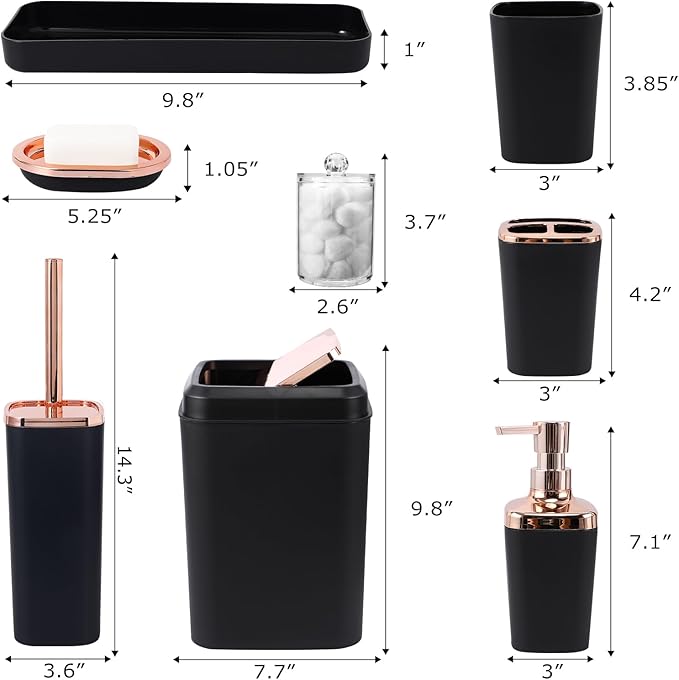 XLHOMO Black Bathroom Accessories, 9-Piece Black Bathroom Set with Trash Can, Vanity Tray, Soap Dispenser, Soap Dish, Toothbrush Holder, Toothbrush Cup, Toilet Brush and Qtip Holders