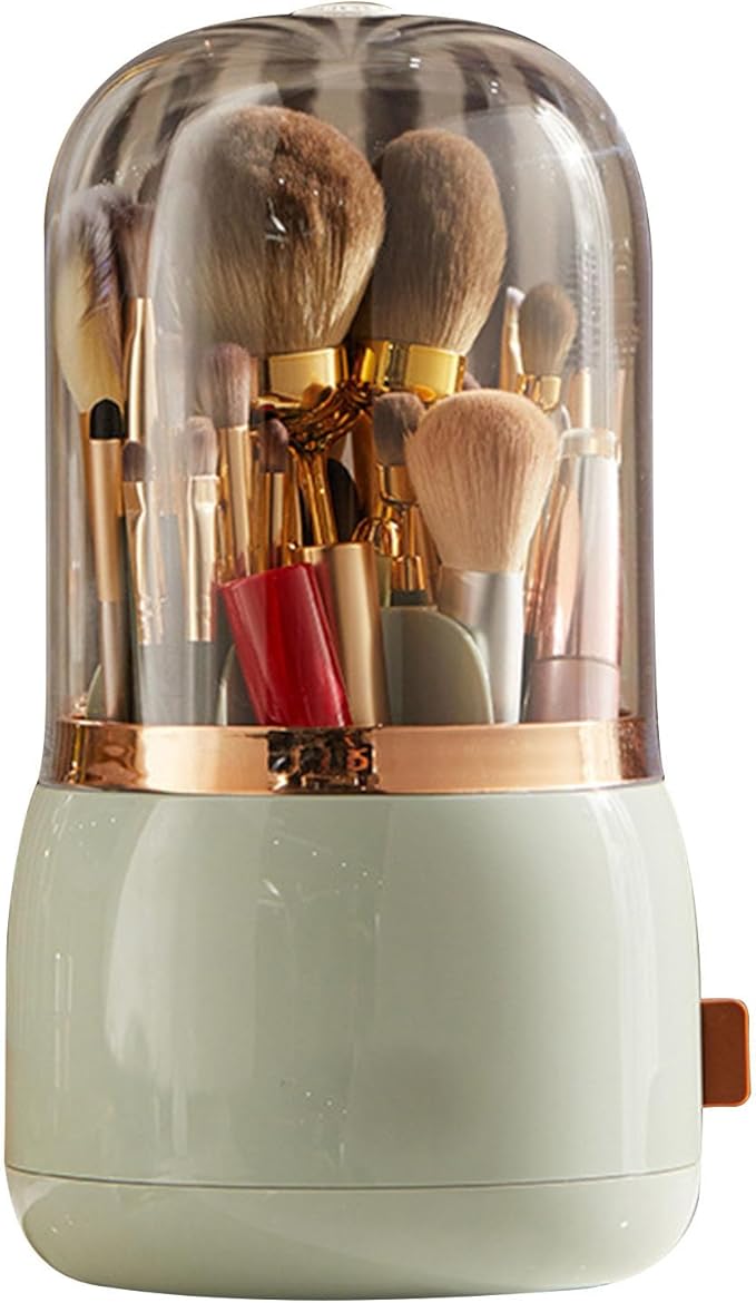 Makeup Brush Holder, Makeup Brush Organizer Makeup Brush Holder Organizer with Lid 360?? Rotating Makeup Storage for Home (Light Green)