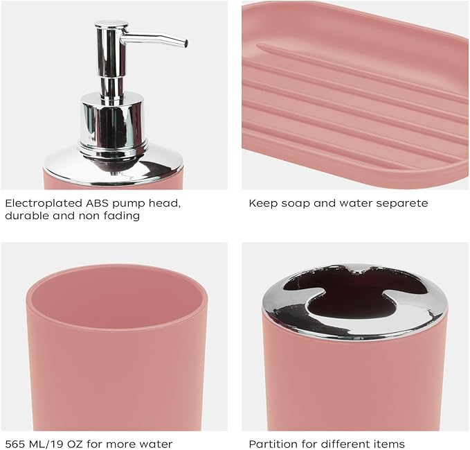 4 Pcs Pink Bathroom Accessories Set,Bohemian Bathroom Toothbrush Holder Set.Include Soap Dispenser, Soap Dish, Toothbrush Holder, Mouthwash Cup, Modern Bahtroom Decor Set