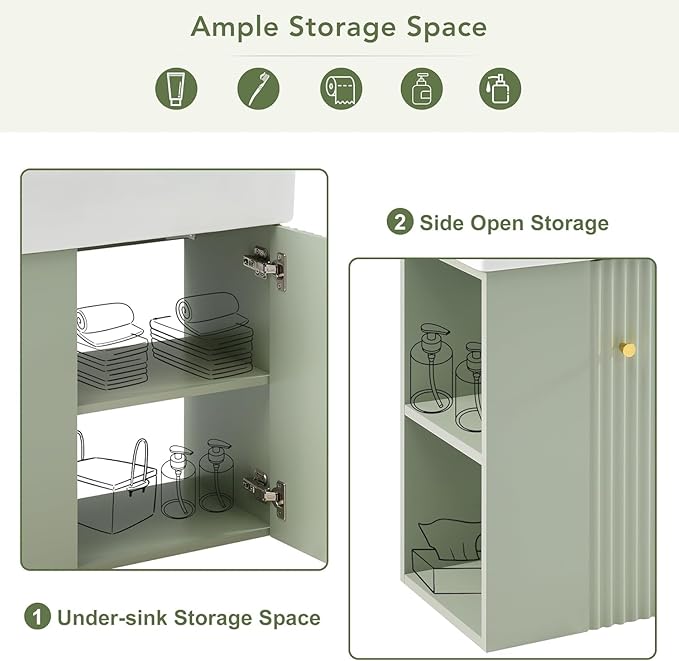 Virubi 21.6 in Floating Bathroom Vanity with Sink,Soft Closing Doors,Solid Wood Frame & MDF Modern Single Small Green Bathroom Vanity Cabinet with Open Shelf,Wall Mounted