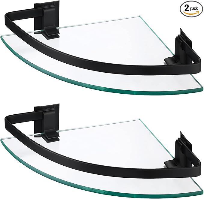 KES Bathroom Tempered Glass Shelf with Rail Extra 8 MM-Thick 2 Pack Aluminum Corner Triangle Storage Organizer Wall Mount Black, A4120A-BK-P2