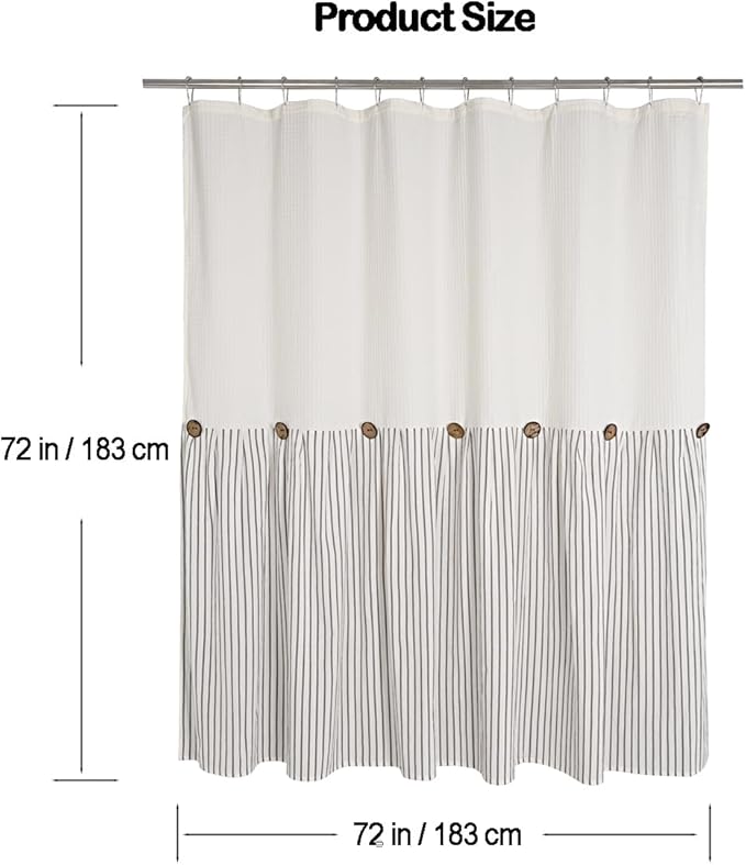 Farmhouse Shower Curtain, Beige and Gray Striped, Spa Beige Waffle, Button Curtain, Cotton Woven Fabric, Country, Rustic, Shabby Chic, 72x72 in