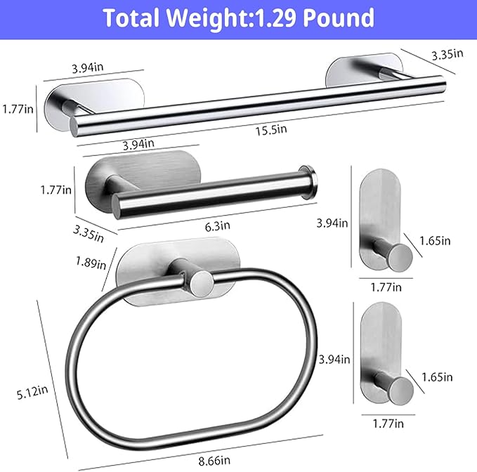 Bathroom Hardware Set, 16" Bathroom Towel Holder with Toilet Paper Holder, Towel Ring, Towel Hook, Bathroom Accessories for Kitchens, Laundry Rooms (10, Sliver)