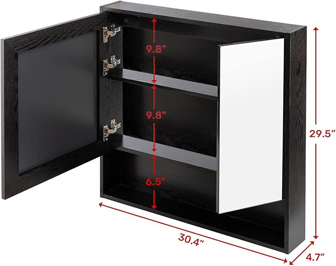 ALIMORDEN Medicine Cabinet with Mirror and Shelves, Oversized Bathroom Wall Storage Organizer Over The Vanity, Toilet, Recessed or Surface Mount, 30.4" L x 29.5" H, Black