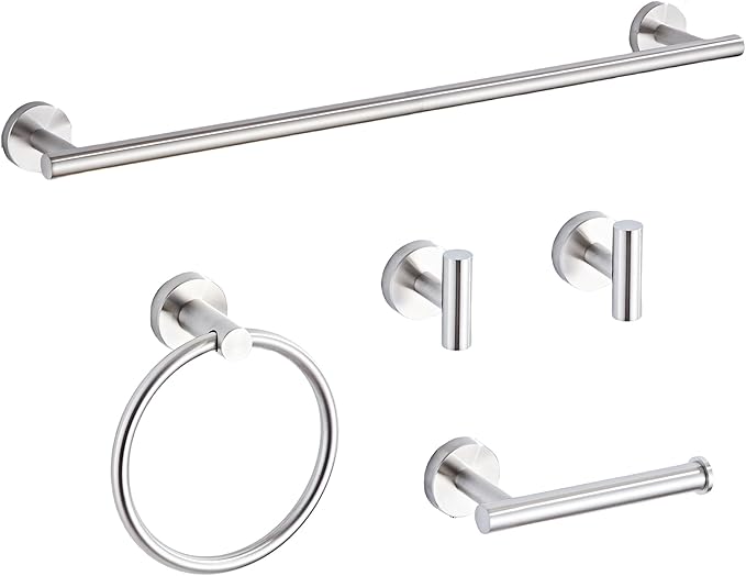Brushed Nickel Bathroom Hardware Set 5 Piece with Towel Racks for Bathroom, SUS304 Stainless Steel Bath Towel Bar Set, 24 Inch Wall Mounted Accessories Kit…